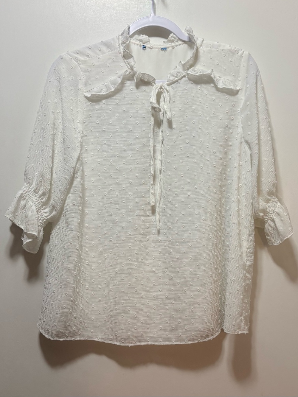 White Swiss dot- ruffle collar -white on white- lined blouse/ size medium